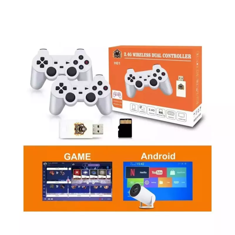 “GameBox HY00 64bit Retro 20K Game 4K HDMI Stick Console / Android Box su 2x belaidžiais valdikliais, balta”