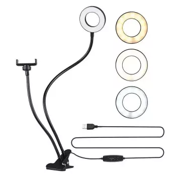 Elight TF stalinis spaustukinis 11 cm LED žiedo šviestuvas su 30 cm lanksčiu vamzdeliu ir telefono laikikliu, juodas