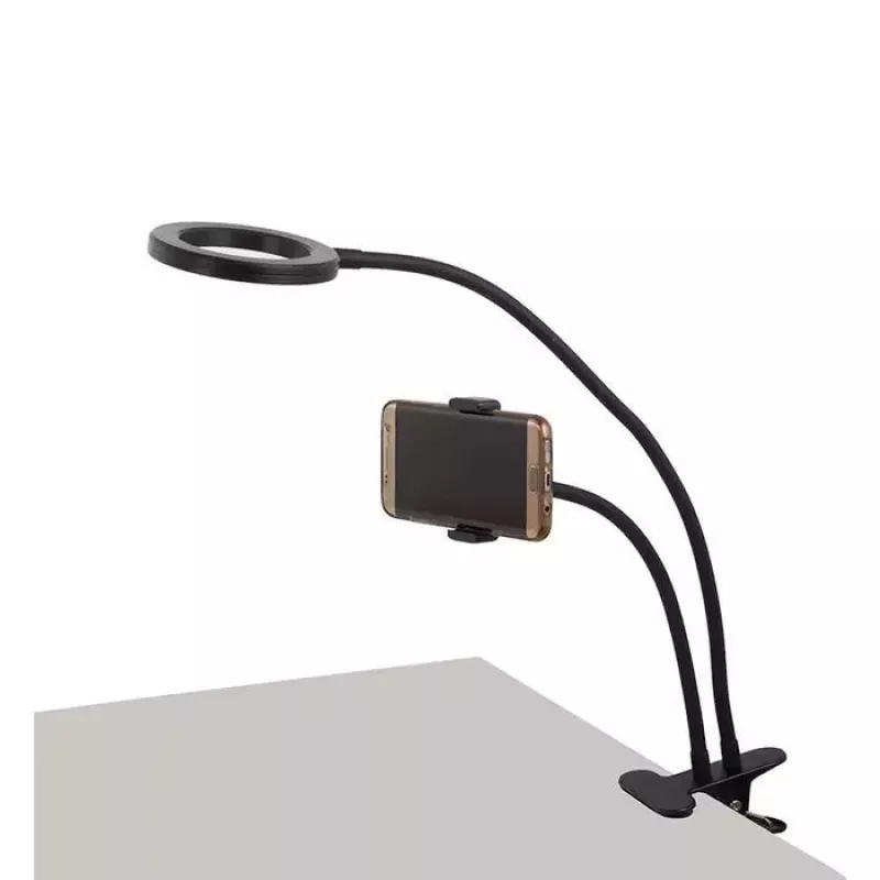 Elight TF stalinis spaustukinis 11 cm LED žiedo šviestuvas su 30 cm lanksčiu vamzdeliu ir telefono laikikliu, juodas