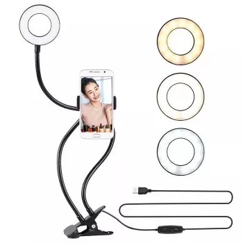 Elight TF stalinis spaustukinis 11 cm LED žiedo šviestuvas su 30 cm lanksčiu vamzdeliu ir telefono laikikliu, juodas