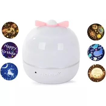 Kiddyz WH-16E Dream Projection naktinė lempa su projekcija (12x12x12 cm) su 6 keičiamais šablonais, USB-C įkraunama, balta