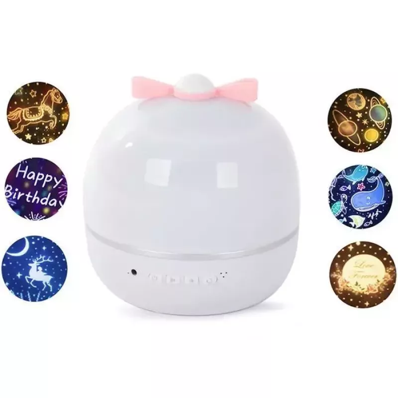 Kiddyz WH-16E Dream Projection naktinė lempa su projekcija (12x12x12 cm) su 6 keičiamais šablonais, USB-C įkraunama, balta