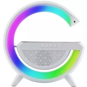 Elight G Formos garsiakalbio lempa su RGB LED apšvietimu ir belaidžiu išmaniųjų įrenginių įkrovikliu balta
