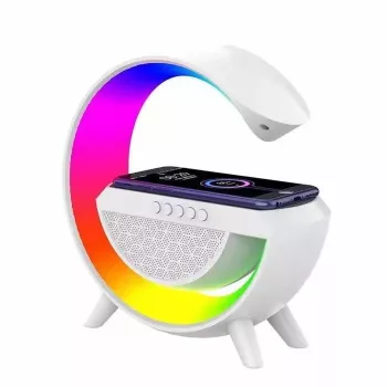 Elight G Formos garsiakalbio lempa su RGB LED apšvietimu ir belaidžiu išmaniųjų įrenginių įkrovikliu balta