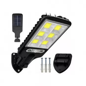 Elight LU17 saulės energija varomas LED gatvių šviestuvas su 120 COB ir PIR jutikliu, vandeniui atsparus ABS korpusas, juodas