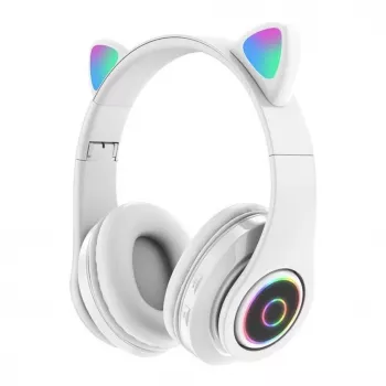 Bemi B39 Vaikiškos Bluetooth ausinės su katės ausimis, FM radiju, MP3, MicroSD ir skambučiais – balta