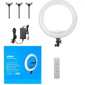 Elight SR18 45cm LED apšvietimo žiedas su 3 išmaniesiems telefonams skirtais laikikliais, 220V adapteriu ir BT nuotolinio valdymo pulteliu, juodas