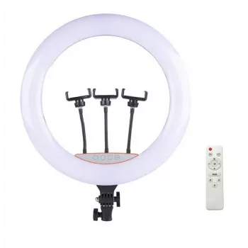 Elight SR18 45cm LED apšvietimo žiedas su 3 išmaniesiems telefonams skirtais laikikliais, 220V adapteriu ir BT nuotolinio valdymo pulteliu, juodas