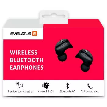 EVELATUS EBE01BK Belaidės ausinės True Wireless Stereo, Bluetooth 5.0, su įkrovimo dėklu, IPX4, juodos