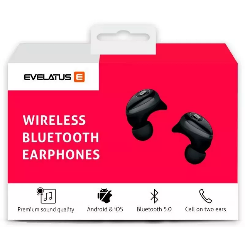 EVELATUS EBE01BK Belaidės ausinės True Wireless Stereo, Bluetooth 5.0, su įkrovimo dėklu, IPX4, juodos