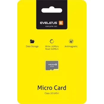 Evelatus MicroSDXC 64GB Class 10 UHS-I U1 V10 atminties kortelė (60 MB/s skaitymas, 20 MB/s rašymas)