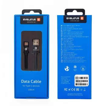 Evelatus duomenų kabelis, USB-A į USB-C, TPC07, juodas