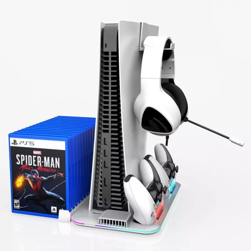 iLike DZ504 Slim daugiafunkcė doko stotelė PlayStation 5 PS5 pultams su aušinimo ventiliatoriais ir RGB, juoda