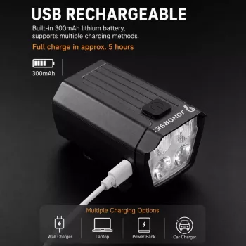 iLike JOHORSE USB įkraunamas dviračio priekinis žibintas su 120 dB elektriniu garsiniu signalu, 300 lm 4 LED, 7 apšvietimo režimais, vairo nuotolinio valdymo pulteliu, IPX4 atsparus vandeniui, juodas