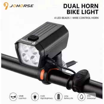 iLike JOHORSE USB įkraunamas dviračio priekinis žibintas su 120 dB elektriniu garsiniu signalu, 300 lm 4 LED, 7 apšvietimo režimais, vairo nuotolinio valdymo pulteliu, IPX4 atsparus vandeniui, juodas