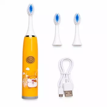 iLike vaikų įkraunamas soninis dantų šepetėlis, USB įkrovimas, 3 šepetėlių galvutės (1+2 atsarginės), minkšti šereliai, vandeniui atsparus, mielas žiurkėno dizainas, oranžinė spalva