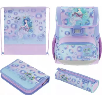 Herlitz Loop Plus Mystic Mermaid mokyklinė kuprinė su priedais – 4 dalių rinkinys (kuprinė, užpildytas penalas, pieštukinė, sporto krepšys) – 17 l – unisex – pradinei mokyklai