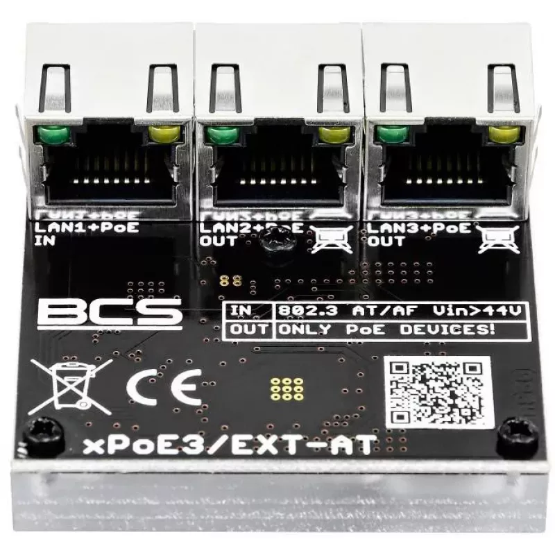 BCS BCS-xPoE3/EXT-AT 3 prievadų PoE+ komutatorius, 2x PoE+ 30W, 1x Uplink, 250m EXTEND, metalinis korpusas