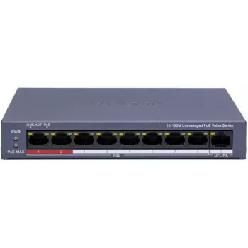 Hikvision DS-3E0109P-E/M(C) 9-Portų Fast Ethernet PoE komutatorius, 8 PoE prievadai, 65W biudžetas, nevaldomas