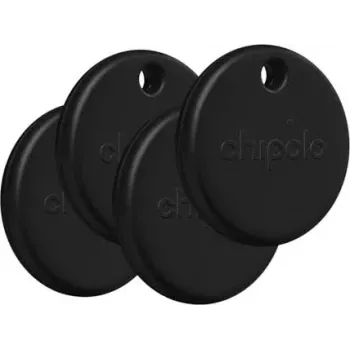 Chipolo POP Tracking Tag 4-Pack Black – Bluetooth raktų ieškiklis, suderinamas su Apple Find My, keičiama baterija, IPX5, 60 m atstumas, 120 dB garsinis signalas