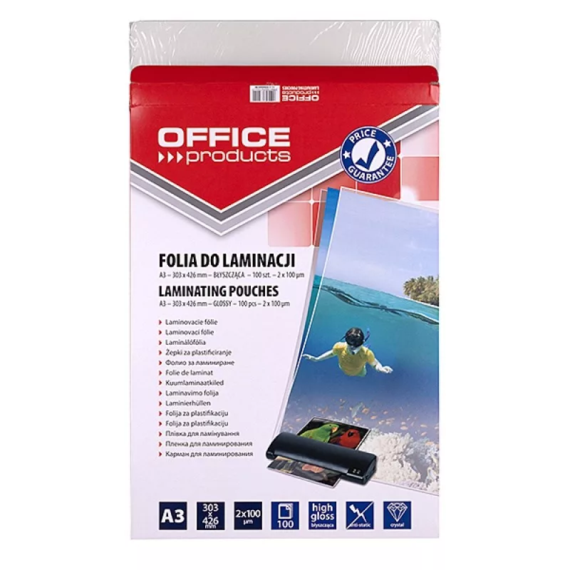 PBS OFFICE PRODUCTS Laminavimo plėvelė A3 2x100 mikronų blizgi 100 lapų skaidri