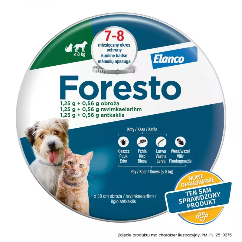 ENA ELANCO Foresto blusų ir erkių antkaklis katėms ir šunims iki 8 kg