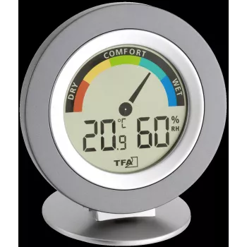 TFA 30.5019 Thermo-Hygrometer COSY – Skaitmeninis vidaus termometras ir drėgmės matuoklis su MAX/MIN atmintimi, komforto zonos indikatoriumi, LCD ekranu, baltas