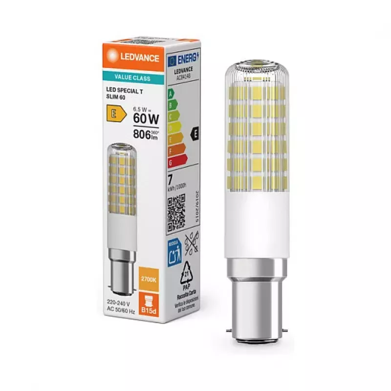OSRAM LED SPECIAL T 6,5W 827 Clear B15d Tubulinė LED lempa, 806 lm, 2700 K, šilta balta, nedimnuojama, pakuotė po 2 vnt.