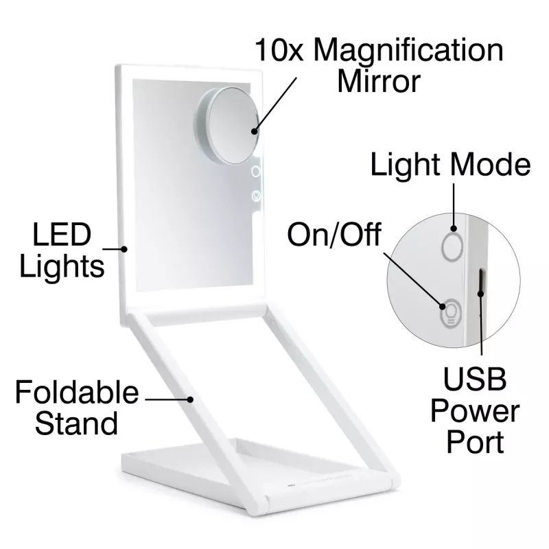 RIO MMAW-EU/1,0 Home and Away Dressing Table Make Up Mirror – Dvipusis LED apšviestas veidrodis su 1×/5× didinimu, sulankstomas, baltas