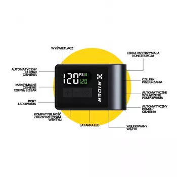 XRIDER XR00MAP01 Elektrinis dviračio siurblys – 150 PSI, skaitmeninis LCD, įkraunamas per USB-C