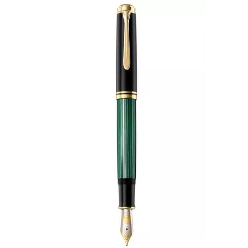 Pelikan Souverän M1000 Fountain Pen, Black, Gold Trim, Green Ink Window, Bold Nib, Integrated Piston Filler, Ambidextrous, Germany