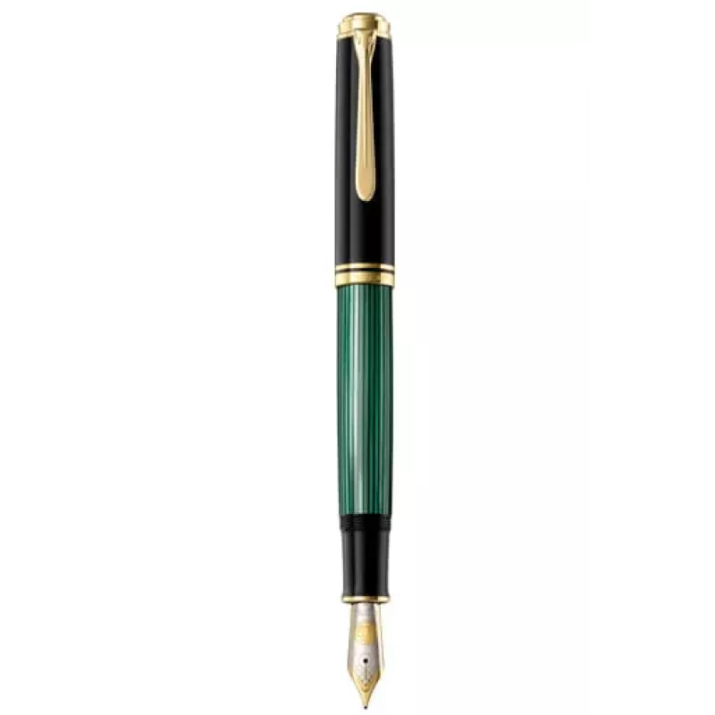 Pelikan Souverän M1000 Fountain Pen, Black, Gold Trim, Green Ink Window, Bold Nib, Integrated Piston Filler, Ambidextrous, Germany