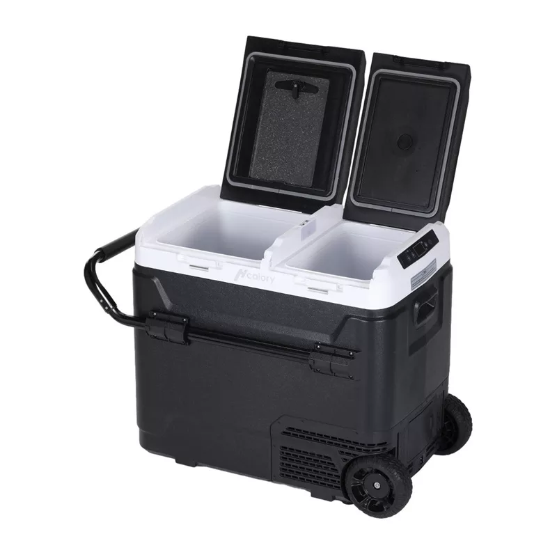 HCALORY P50M+ automobilinis šaldytuvas su Bluetooth, 50L, -20°C iki +20°C, DC 12/24V ir AC 100-240V, 60W, R134a, LCD ekranas, programėlės valdymas, akumuliatoriaus apsauga, ratukai, ištraukiama rankena, LED šviesa, USB prievadas, CE/RoHS/FCC