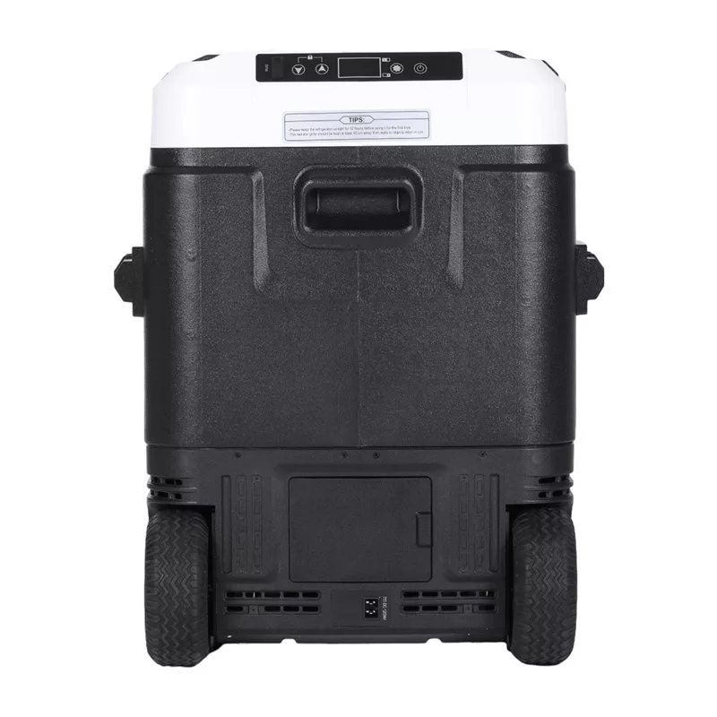 HCALORY P50M+ automobilinis šaldytuvas su Bluetooth, 50L, -20°C iki +20°C, DC 12/24V ir AC 100-240V, 60W, R134a, LCD ekranas, programėlės valdymas, akumuliatoriaus apsauga, ratukai, ištraukiama rankena, LED šviesa, USB prievadas, CE/RoHS/FCC