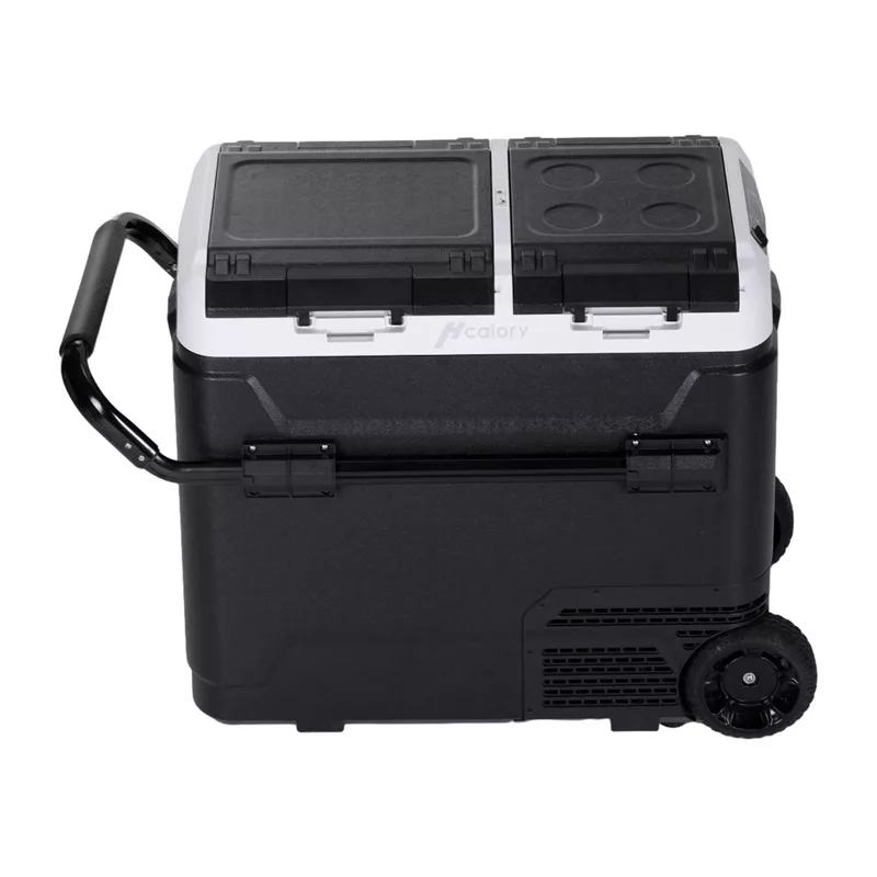 HCALORY P50M+ automobilinis šaldytuvas su Bluetooth, 50L, -20°C iki +20°C, DC 12/24V ir AC 100-240V, 60W, R134a, LCD ekranas, programėlės valdymas, akumuliatoriaus apsauga, ratukai, ištraukiama rankena, LED šviesa, USB prievadas, CE/RoHS/FCC
