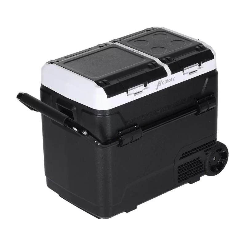 HCALORY P50M+ automobilinis šaldytuvas su Bluetooth, 50L, -20°C iki +20°C, DC 12/24V ir AC 100-240V, 60W, R134a, LCD ekranas, programėlės valdymas, akumuliatoriaus apsauga, ratukai, ištraukiama rankena, LED šviesa, USB prievadas, CE/RoHS/FCC