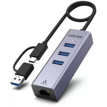 UNITEK USB-C Hub 4-in-1 Ethernet 3 x USB-A 5 Gbps su USB-A adapteriu