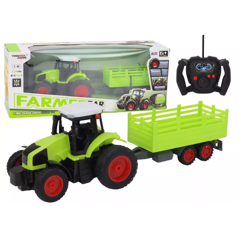 LEAN TOYS nuotoliniu valdymu valdomas traktorius su priekaba 1:16 žalias