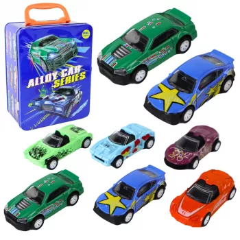 LEAN TOYS Transporto priemonių rinkinys su trinties varikliu metaliniame dėkle
