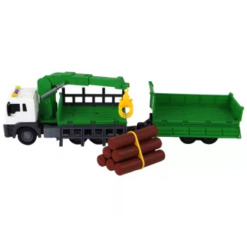 LEAN TOYS Sunkvežimis su kranu, trinties pavara, garsas, žalias, medis, 1:16