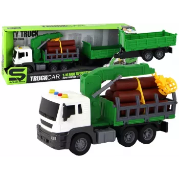 LEAN TOYS Sunkvežimis su kranu, trinties pavara, garsas, žalias, medis, 1:16