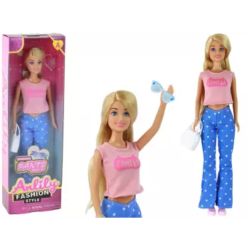 LEAN TOYS Anlily vaikiška lėlė su ilgais šviesiais plaukais, rankine ir akiniais, rožine palaidine