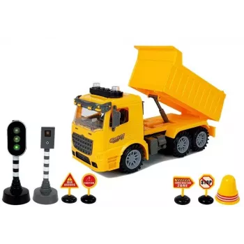 LEAN TOYS Tipper Set 1:14 RC Savivartis su kelio ženklais, šviesoforu ir greičio kamera - geltonas