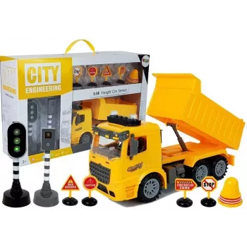 LEAN TOYS Tipper Set 1:14 RC Savivartis su kelio ženklais, šviesoforu ir greičio kamera - geltonas
