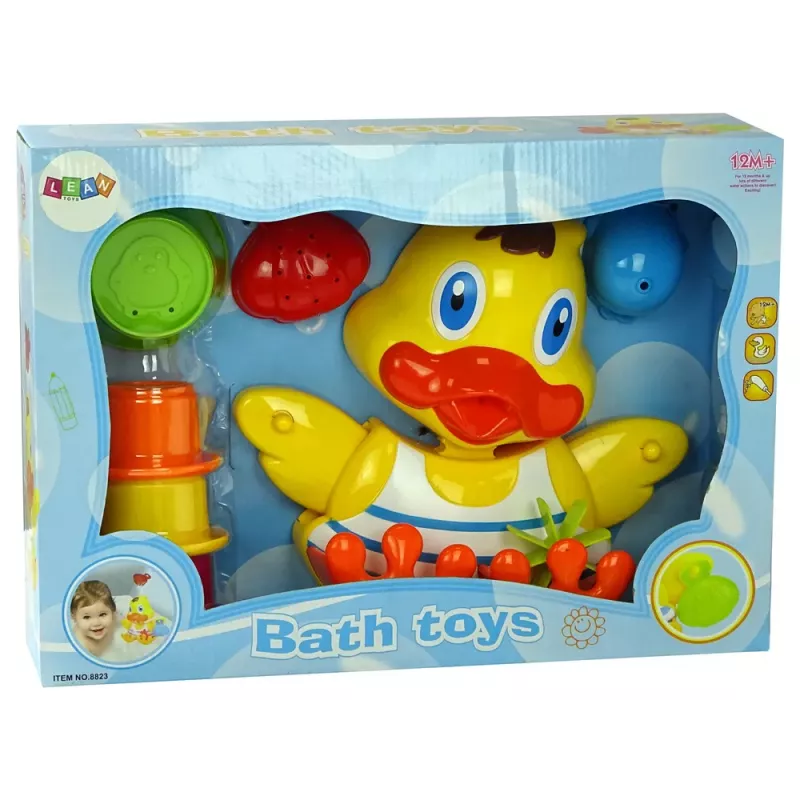 LEAN TOYS Duckie Bathing Set Cups – 3 sukraunami puodeliai ir vandens pūtimo antis voniai