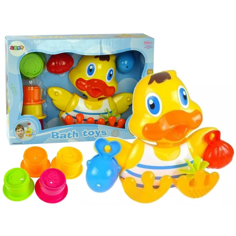 LEAN TOYS Duckie Bathing Set Cups – 3 sukraunami puodeliai ir vandens pūtimo antis voniai