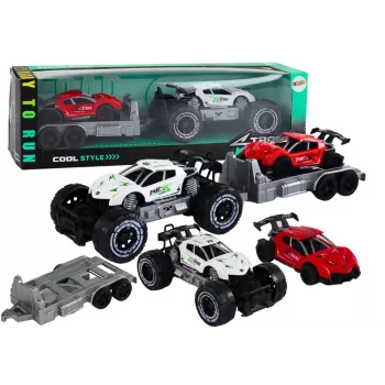LEAN TOYS Rinkinys: Baltas visureigis, raudonas sportinis automobilis, vilkikas