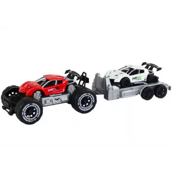 LEAN TOYS Raudono visureigio ir balto sportinio automobilio su vilkiku rinkinys