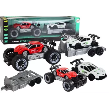 LEAN TOYS Raudono visureigio ir balto sportinio automobilio su vilkiku rinkinys