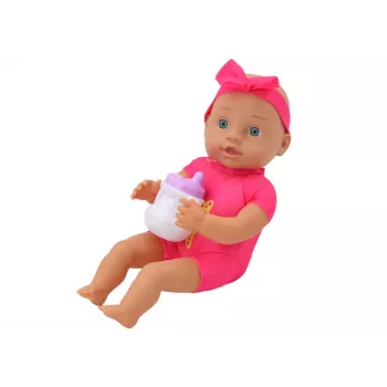 LEAN TOYS Baby Doll su rožiniais drabužiais, galvos juostele ir maitinimo aksesuarais